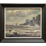 SIR KYFFIN WILLIAMS RA oil on canvas - circa 1951 coastal scene with cliffs and figure fishing,