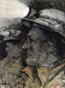 WITHDRAWN VALERIE GANZ mixed media - head and shoulders of two colliery workers with head torches,