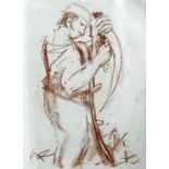 WILL ROBERTS loose pastel drawing on A4 paper within folded A3 sheet - standing farmer with