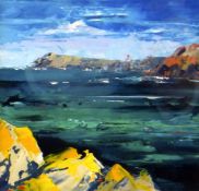 TIM FUDGE acrylic on paper - view across bay with headland in background, entitled verso 'Over To