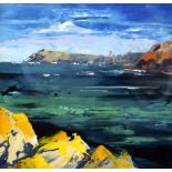 TIM FUDGE acrylic on paper - view across bay with headland in background, entitled verso 'Over To