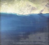 CERI AUCKLAND DAVIES egg tempura - large expanse of blue water with mountain background, entitled