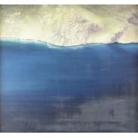 CERI AUCKLAND DAVIES egg tempura - large expanse of blue water with mountain background, entitled