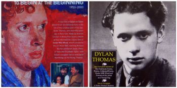 TWO DYLAN THOMAS ADVERTISING POSTERS colour printed - for 'To Begin at the Beginning' and for new