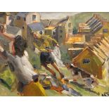 KEVIN SINNOTT oil on board - a garden with female and dog fighting over laundry, entitled verso on