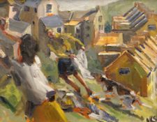 KEVIN SINNOTT oil on board - a garden with female and dog fighting over laundry, entitled verso on