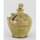 EWENNY POTTERY HEN & CHICKS MONEY BOX of bottle form with hen finial with chick on her back above