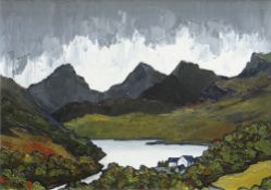 DAVID BARNES oil on board - Snowdonian peaks with lake and white washed cottage to foreground,