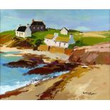 DONALD McINTYRE acrylic - coastal inlet with buildings, entitled verso 'Village by Sea', signed,