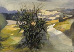 JOHN ELWYN watercolour - atmospheric rural scene, entitled 'Between Seasons', signed verso with