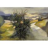 JOHN ELWYN watercolour - atmospheric rural scene, entitled 'Between Seasons', signed verso with