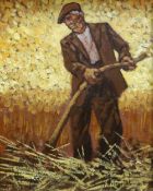 ANEURIN JONES oil on board - depicting farmer with scythe, 23.5 x 19cms