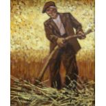 ANEURIN JONES oil on board - depicting farmer with scythe, 23.5 x 19cms