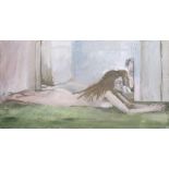 IVOR DAVIES oil on canvas - nude female lying flat with extended arms, inscribed 'I'm hen gyfail Roy