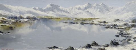 CHARLES WYATT WARREN oil on board - Snowdon from Llyn Mymbyr in winter, signed, 28 x 74cms