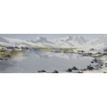 CHARLES WYATT WARREN oil on board - Snowdon from Llyn Mymbyr in winter, signed, 28 x 74cms