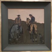 SIR KYFFIN WILLIAMS RA oil on canvas - two Patagonia gauchos on horseback with sheepdog under a pink