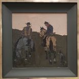 SIR KYFFIN WILLIAMS RA oil on canvas - two Patagonia gauchos on horseback with sheepdog under a pink