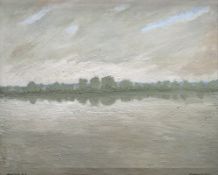 CHARLES BURTON oil on canvas - view across Cosmeston Lake, signed 'Burton '93', 60 x 75cms