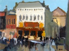 DONALD McINTYRE acrylic - entitled verso 'Street Scene, Cardiff', signed with initials, 29 x 39cms