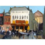 DONALD McINTYRE acrylic - entitled verso 'Street Scene, Cardiff', signed with initials, 29 x 39cms