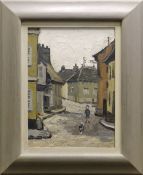 SIR KYFFIN WILLIAMS RA oil on board - boy and dog in a street, entitled verso 'Street in Belgium,