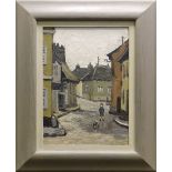 SIR KYFFIN WILLIAMS RA oil on board - boy and dog in a street, entitled verso 'Street in Belgium,