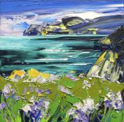 TIM FUDGE oil on linen - colourful coastal flowers with view across bay to headland, entitled