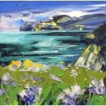 TIM FUDGE oil on linen - colourful coastal flowers with view across bay to headland, entitled