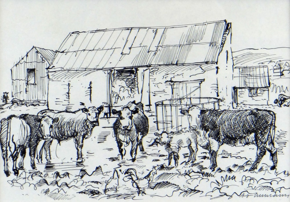ALEX WILLIAMS pen and ink drawing - farmyard with standing cows, signed, 19 x 28cms
