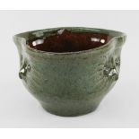 EWENNY POTTERY THREE-FACED OWL BOWL of trefoil form in mottled green glaze with painted sgraffito