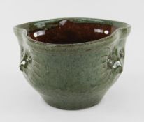 EWENNY POTTERY THREE-FACED OWL BOWL of trefoil form in mottled green glaze with painted sgraffito