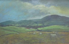 ANEURIN JONES acrylic on board - Cardiganshire landscape with sheep and distant farm, signed