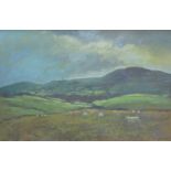 ANEURIN JONES acrylic on board - Cardiganshire landscape with sheep and distant farm, signed