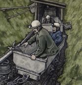 ALAN WILLIAMS acrylic on rag paper - figures in carts, entitled 'Bryn Newydd Drift Mine', signed, 45