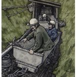 ALAN WILLIAMS acrylic on rag paper - figures in carts, entitled 'Bryn Newydd Drift Mine', signed, 45