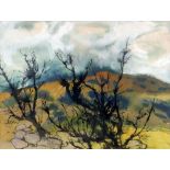 GWILYM PRICHARD mixed media - thorn trees in a landscape, entitled verso 'Llanddona', signed, 27 x