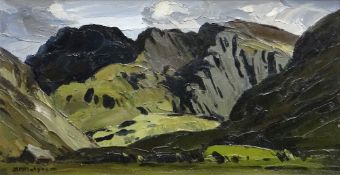 DONALD McINTYRE oil on board - mountainous Snowdonia view with farm in the valley, entitled verso '