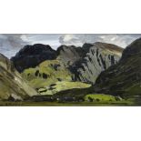 DONALD McINTYRE oil on board - mountainous Snowdonia view with farm in the valley, entitled verso '