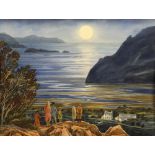 NOEL McCREADY watercolour - coastal scene with figures on a headland at night, entitled verso '