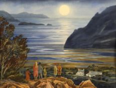 NOEL McCREADY watercolour - coastal scene with figures on a headland at night, entitled verso '