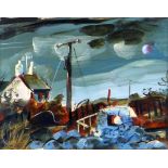 CLIVE HICKS-JENKINS mixed media on paper - cottage, telegraph pole in ancient Cornish landscape,