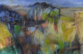 BERT ISAAC mixed media - colourful landscape, entitled verso 'Dry Land', signed and dated 2001, 35 x