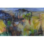 BERT ISAAC mixed media - colourful landscape, entitled verso 'Dry Land', signed and dated 2001, 35 x