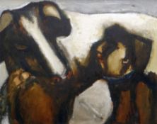 WILL ROBERTS oil on canvas - figure with cow, entitled verso on 1983 Royal Academy Summer Exhibition