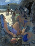 CLAUDIA WILLIAMS pastel - family group enjoying the beach, entitled verso 'Playing Near the Cave,