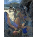 CLAUDIA WILLIAMS pastel - family group enjoying the beach, entitled verso 'Playing Near the Cave,