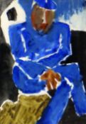 JOSEF HERMAN RA watercolour - seated figure in blue, entitled verso 'Fisherman Resting', 20 x