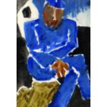 JOSEF HERMAN RA watercolour - seated figure in blue, entitled verso 'Fisherman Resting', 20 x