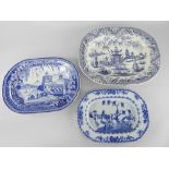 THREE WELSH POTTERY TRANSFER DECORATED PLATTERS comprising Llanelly 'Colandine' pattern, Swansea '